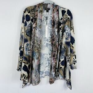 Jerry T Cardigan Sweater Medium Printed Chiffon Trim Open Front